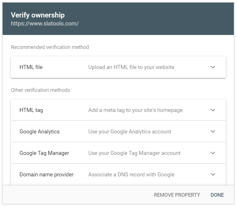 Opções de Verificação de URL Google Search Console